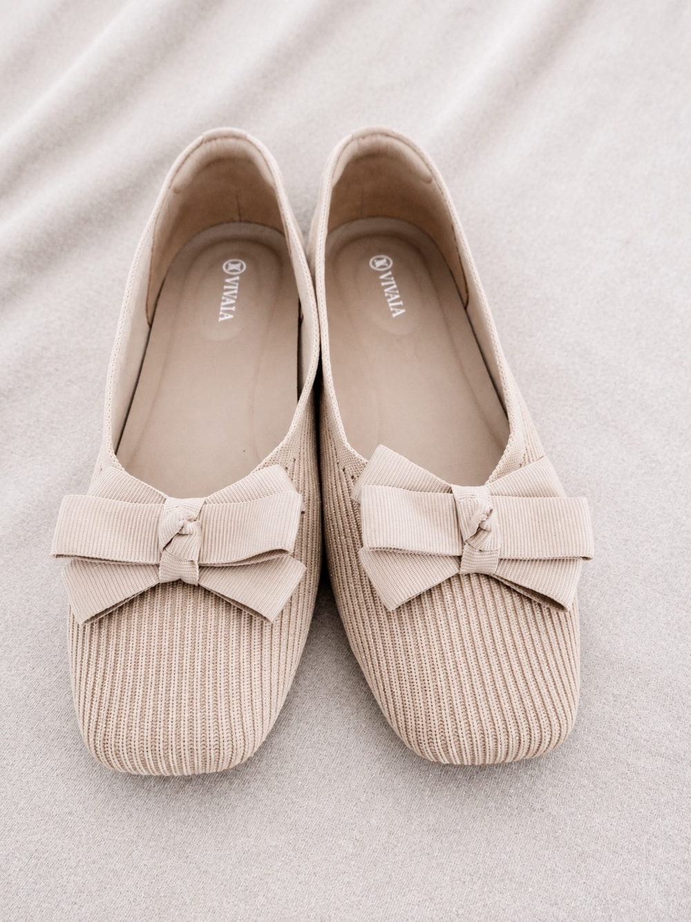 VIVAIA Women’s Ballet Flats 41.5 Beige Gold Metallic Sparkle Knit Bow Square Toe - Picture 4 of 7